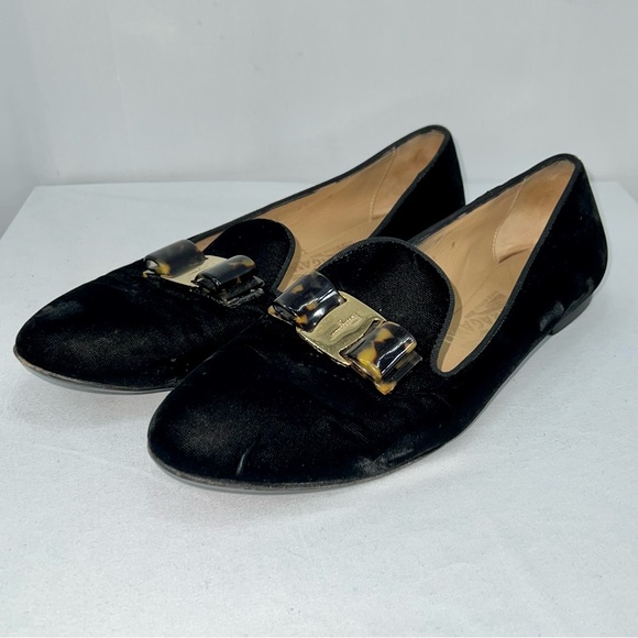 Salvatore Ferragamo Black Velvet Bow Detail Smoking Slippers - Picture 3 of 11